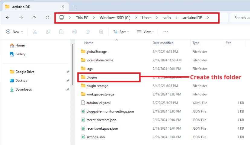 Créer un dossier de plugins Arduino IDE 2