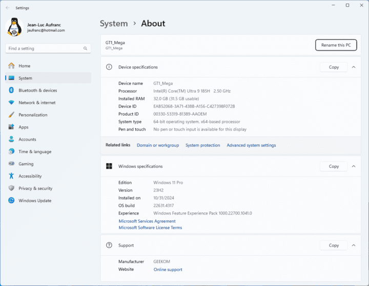 Informations système GEEKOM GT1 Mega Windows 11