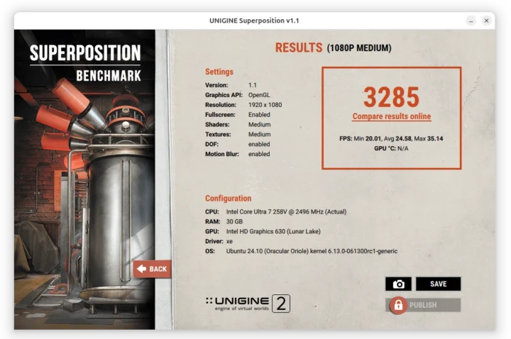 Intel Arc 140V Unigine Superposition Benchmark VT-d désactivé Linux 6.13