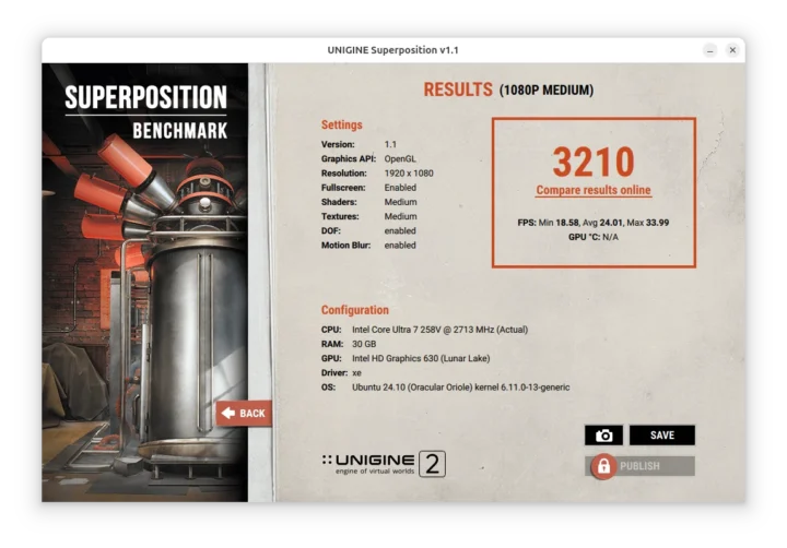 Superposition GPU Intel Arc 140V VT-d désactivée Linux 6.11