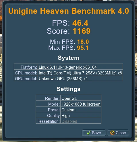GPU Intel Arc 140V Unigine Heaven 4.0 VT-d désactivé Linux 6.11