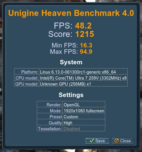 Intel Arc 140V Unigine Heaven Benchmark VT-d désactivé Linux 6.13
