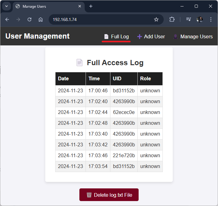 ESP32 RFID Utilising Management System Server Web Server Vérifiez la table de journal complet