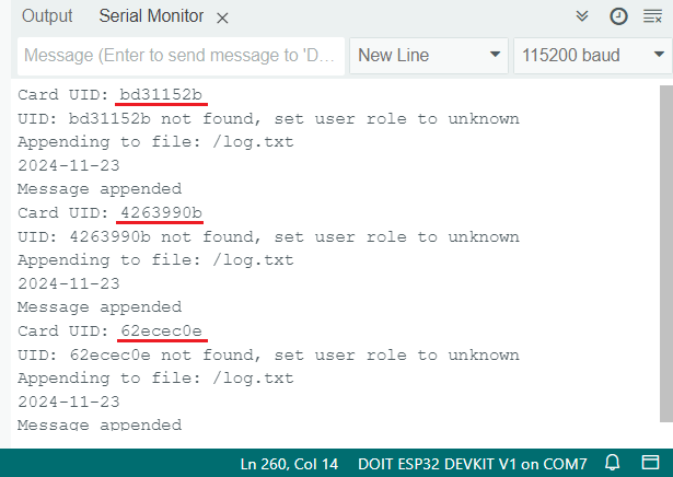 ESP32 Système de gestion des utilisateurs RFID Arduino IDE Moniteur de série Vérifiez les balises RFID UID