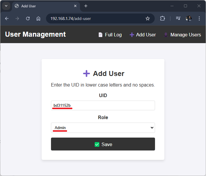 ESP32 RFID Utilising Management System Server Web Ajouter un nouvel utilisateur avec un rôle
