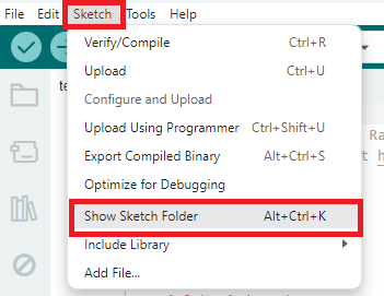 Arduino ide Open Sketch Folder pour créer un dossier de données