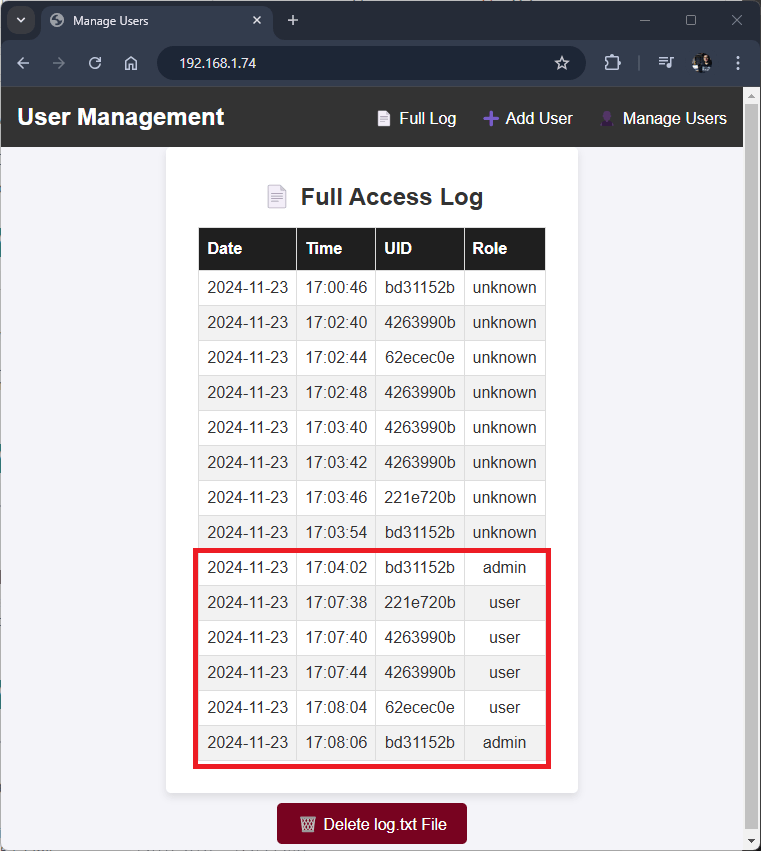 ESP32 RFID Utilising Management System Server Web Vérifiez les utilisateurs de la table de journal complète avec des rôles