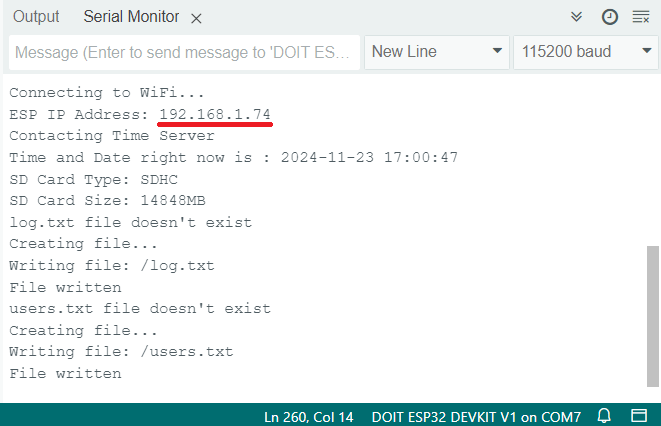 ESP32 Système de gestion des utilisateurs RFID Arduino IDE Moniteur de série Adresse IP Priting