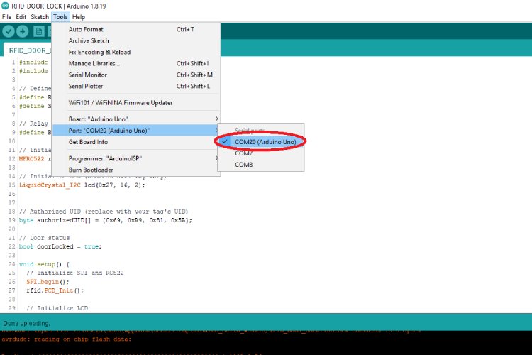 Comment faire un système de verrouillage de porte RFID à l'aide d'Arduino? 9 Sélection du port USB de la carte Arduino Uno.