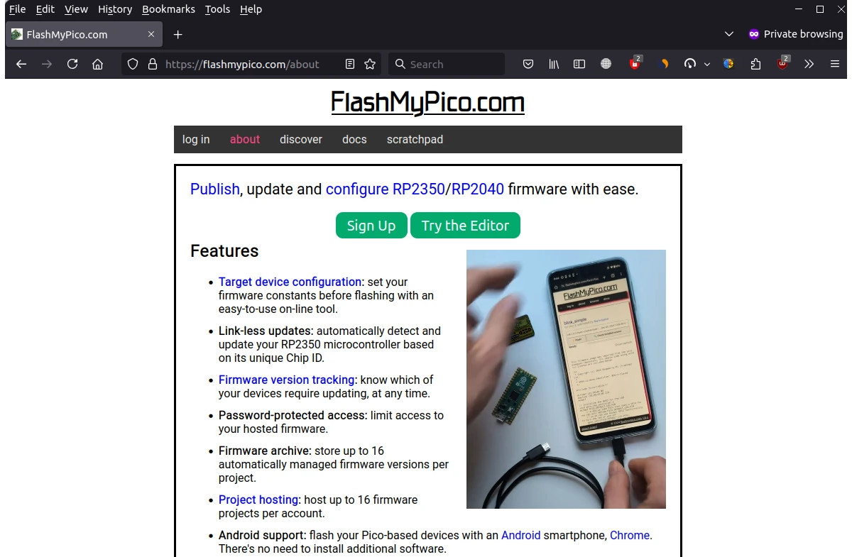 Flashmypico - Raspberry Pi Pico / Pico 2 Édition de code et clignotement clignotant à partir d'un navigateur Web