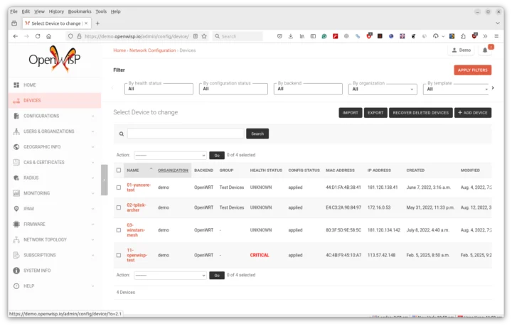 Liste des appareils OpenWisp