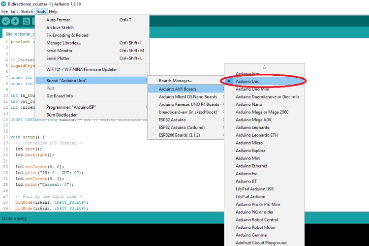 Sélection de la carte Arduino Uno dans Arduino IDE