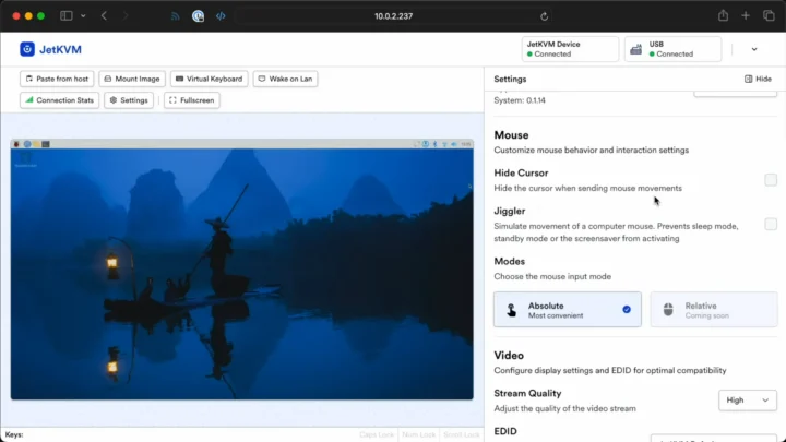 Tableau de bord Web JetKVM