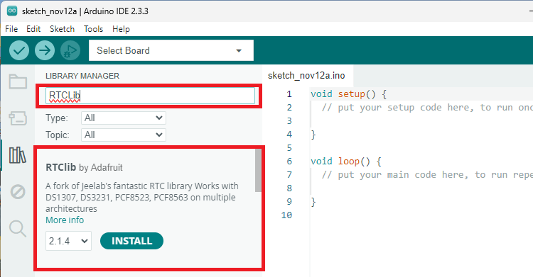 Arduino IDE installer la bibliothèque RTCLIB