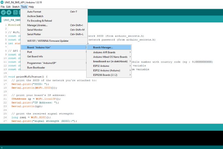Ouverture d'Arduino IDE et accéder au gestionnaire de cartes via le menu des outils.