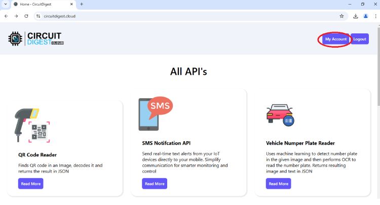 Cliquez sur mon compte sur Circuit Digest Cloud Home Page
