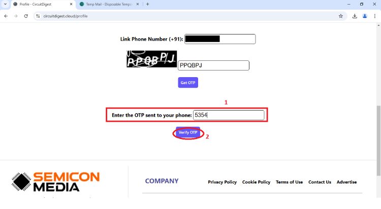 Entrée OTP reçue sur le téléphone pour vérifier l'alerte SMS dans l'API Digest Circuit