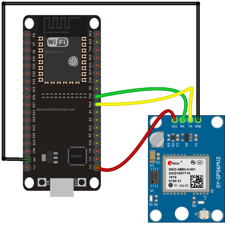 Module GPS ESP32 NEO-M8N: enregistreur et affichage sur Google Earth 6 Câblage ESP32 à M8N