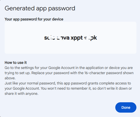 Compte Google du mot de passe de l'application généré