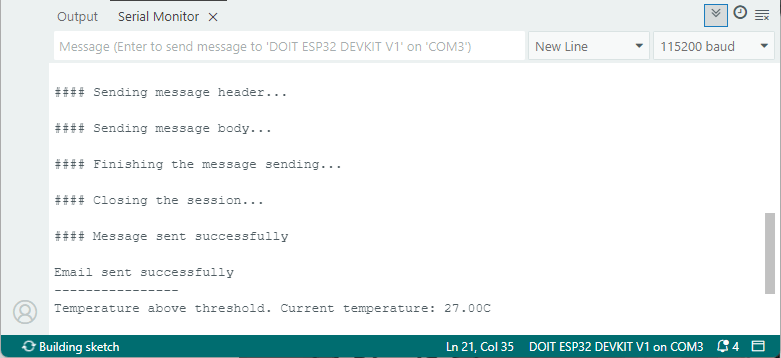 ESP32 Envoyez des notifications par e-mail lorsque la température au-dessus du seuil - moniteur de série