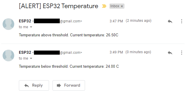 ESP32 Température de notification d'alerte par e-mail atteint ci-dessus en dessous du seuil