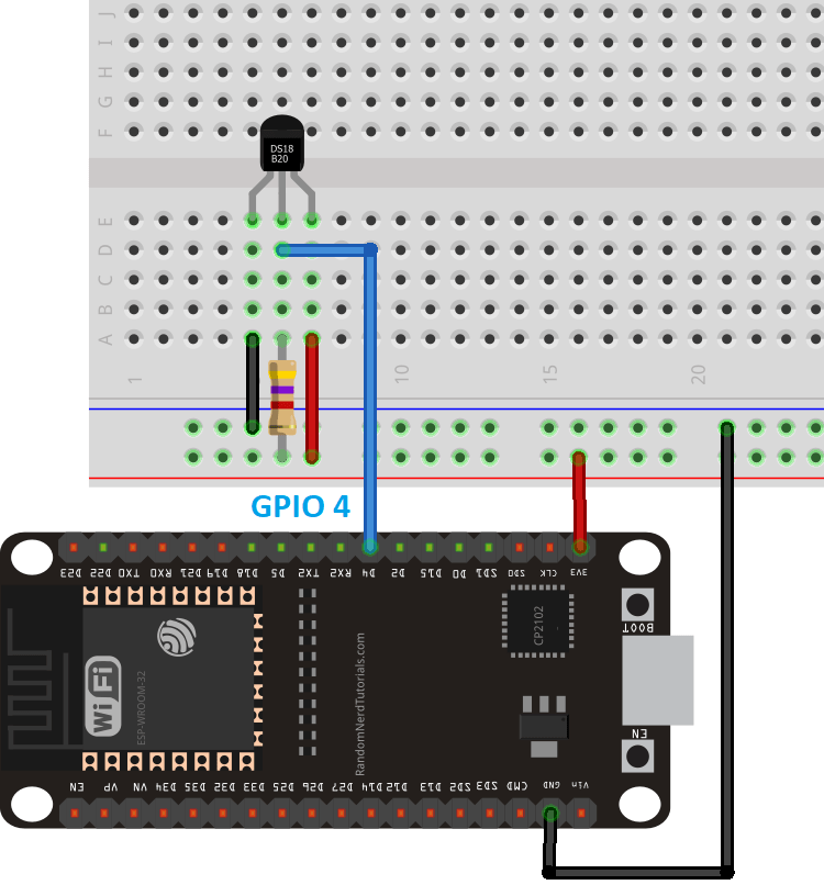Diagramme schématique de câblage avec capteur de température DS18B20 à la carte ESP32