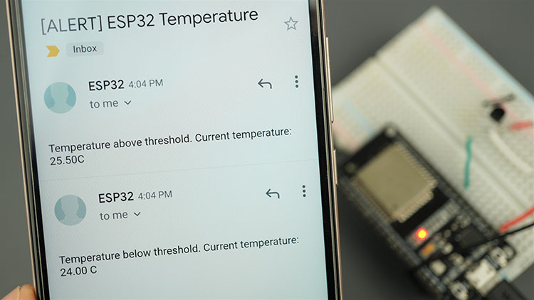 Seuil de température du serveur Web ESP32 déclenché alerte e-mail reçue