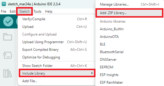Système de gestion des utilisateurs du lecteur de code QR ESP32-CAM (serveur Web) 6 Arduino Installer la bibliothèque Sketch Inclure la bibliothèque Ajouter la bibliothèque zip