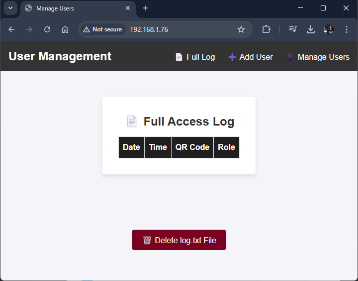 Système de gestion des utilisateurs du lecteur de code QR ESP32-CAM (serveur Web) 25 ESP32-CAM QR Code Reader Server Web Vérifiez la table de journal complet
