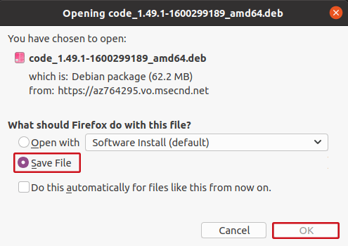 Microsoft Visual Studio Code vs Code Enregistrer le fichier d'installation pour Linux Ubuntu