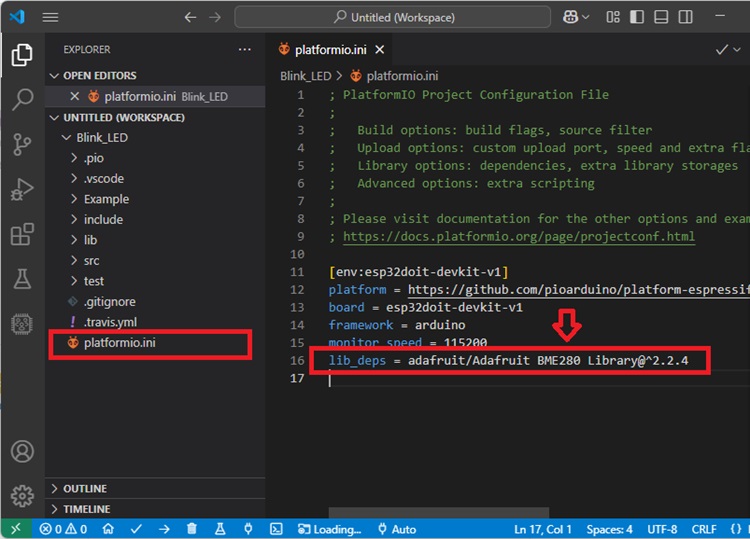 Bibliothèque ajoutée au fichier Pioarduino vs Code Platformo INI