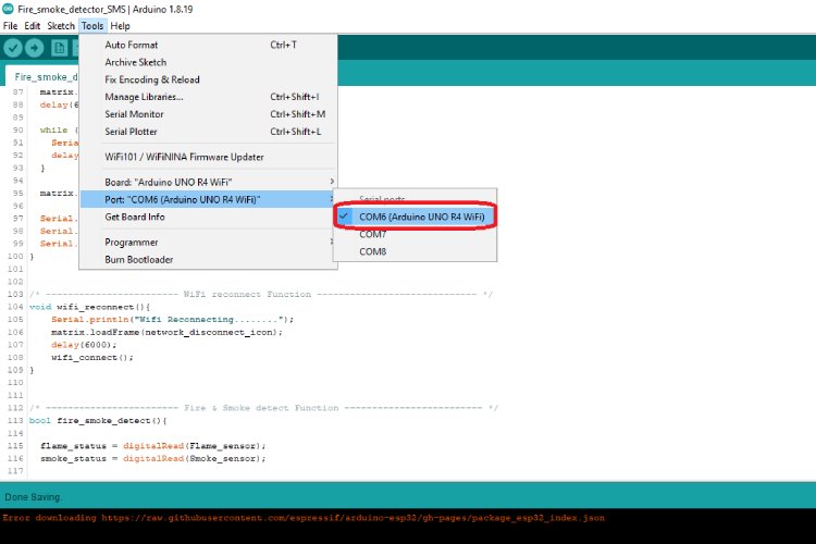 Section du port Arduino IDE.