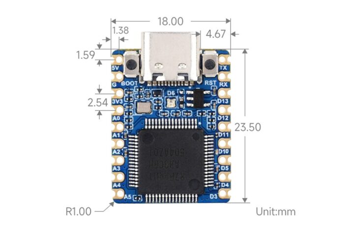 RA4M1 Zero Mini Development Board Dimensions