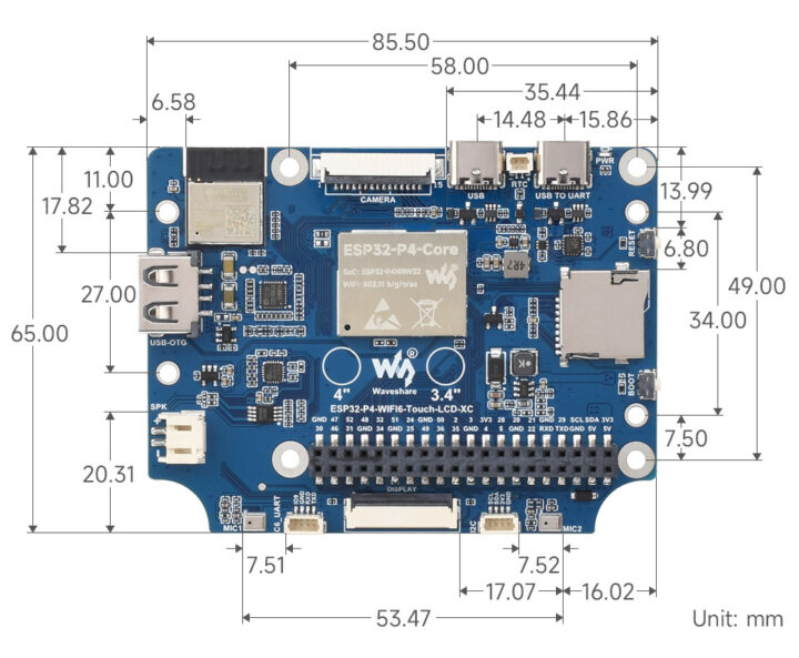 ESP32 P4 WiFi6 Touch LCD 4C Dimensions du tableau continu