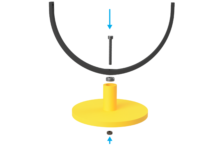 Étape 1 Assemblage du cardan de drone imprimé 3D montrant la base de connexion du boulon M6 à l'anneau extérieur