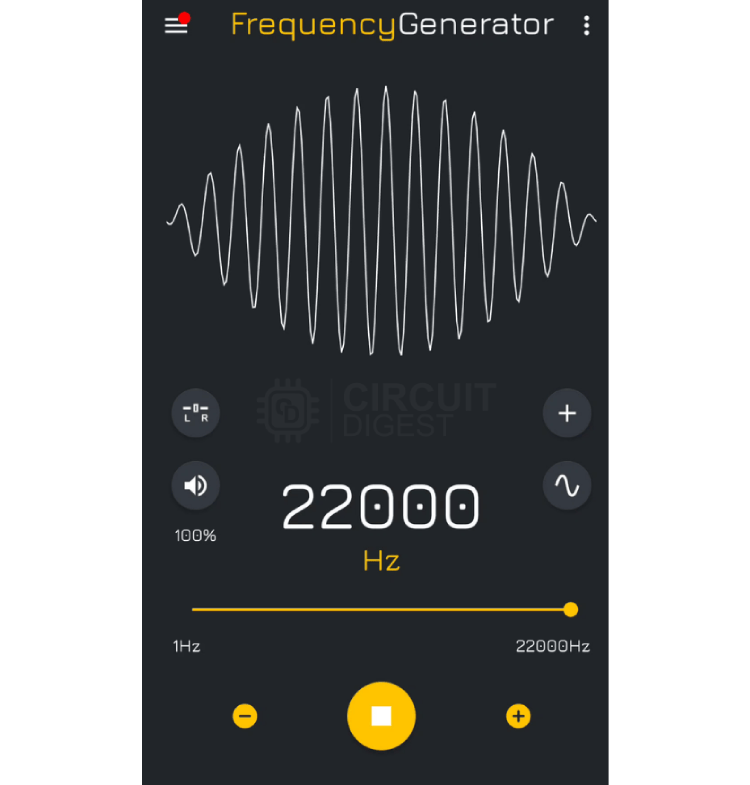 Interface d'application de générateur de fréquence montrant la génération d'ondes sinusoïdales pour les tests AM