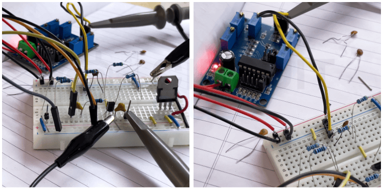 Configuration complète du matériel du modulateur AM avec des sondes d'oscilloscope et des connexions d'alimentation