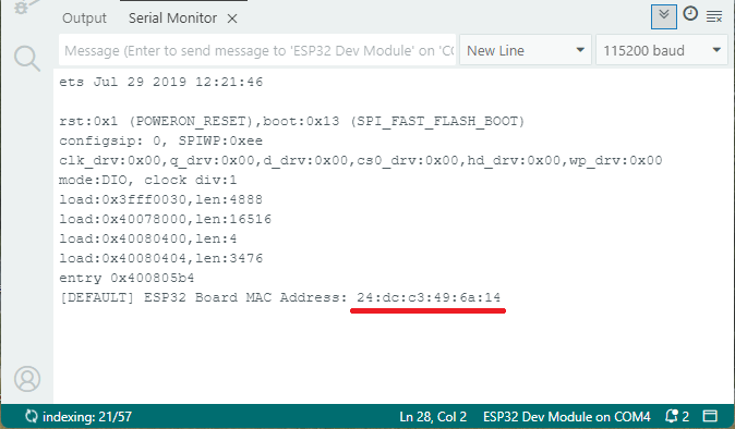 ESP32 CYD avec ESP-NOW: recevoir des données 10 Obtenir l'adresse MAC de la carte CYD ESP32 sur le moniteur en série