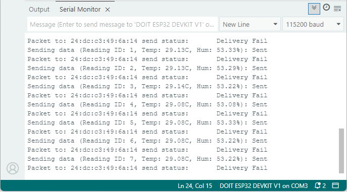 ESP32 CYD avec ESP-NOW: recevoir des données 13 Moniteur en série pour la carte d'expéditeur ESP32 ESP-Now - montrant le message a été envoyé, mais la livraison a échoué