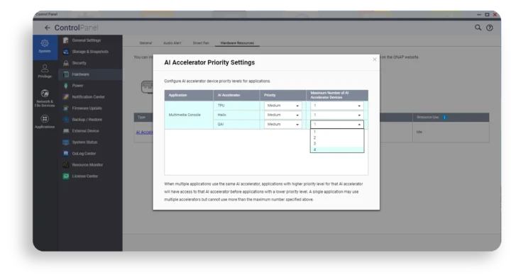 Panneau de configuration QNAP Paramètres d'accélérateur AI