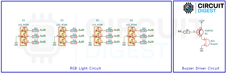 Circuit de rétroaction LED et buzzer RVB pour les indicateurs d'état du moniteur de qualité de l'air portable et alertes audio