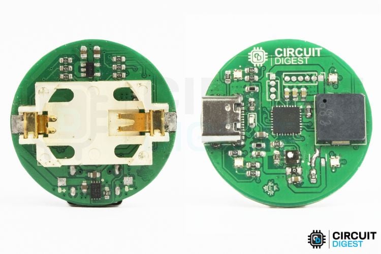 Moniteur de qualité d'air portable entièrement assemblé PCB montrant le microcontrôleur STM32, le capteur SGP40 et la vue RVB avant et arrière