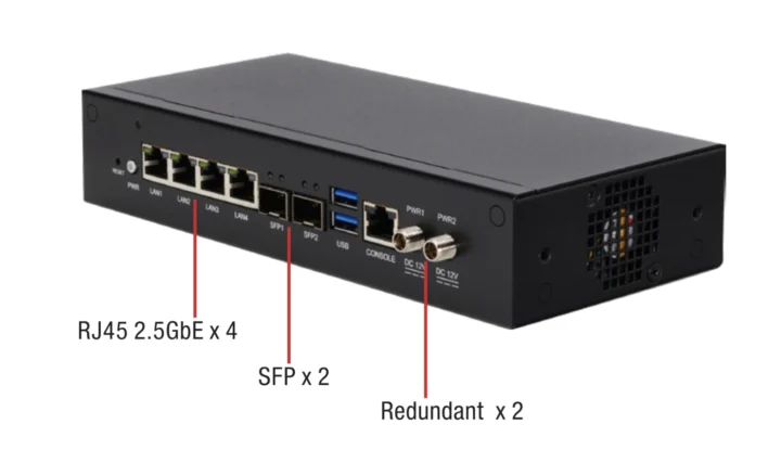 Intel Twin Lake Network Appliance 4x 2.5GBE 2X Cages SFP Double puissance redondante