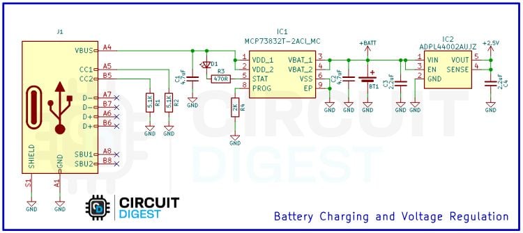 Circuit de charge et de régulation de tension de la batterie pour le moniteur de qualité de l'air portable à l'aide de MCP73832T et ADPL6400ZAU12
