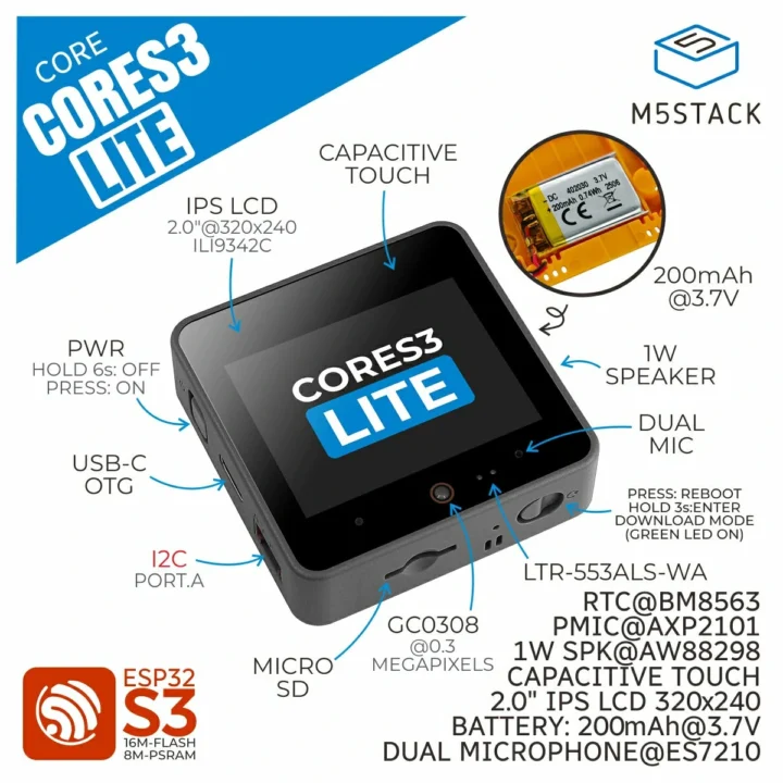 M5Stack à faible coût ESP32-S3 Contrôleur 200NAH Batterie