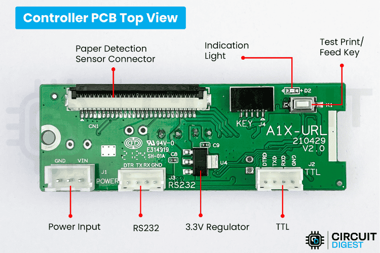 Imprimante thermique avec vue de dessus PCB du contrôleur Pinout ESP32 