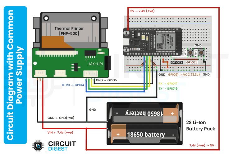 Imprimante thermique ESP32 Diagramme de circuit avec une alimentation commune