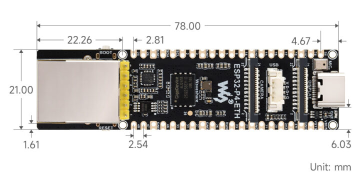 Dimensions Waveshare ESP32 P4 ETH