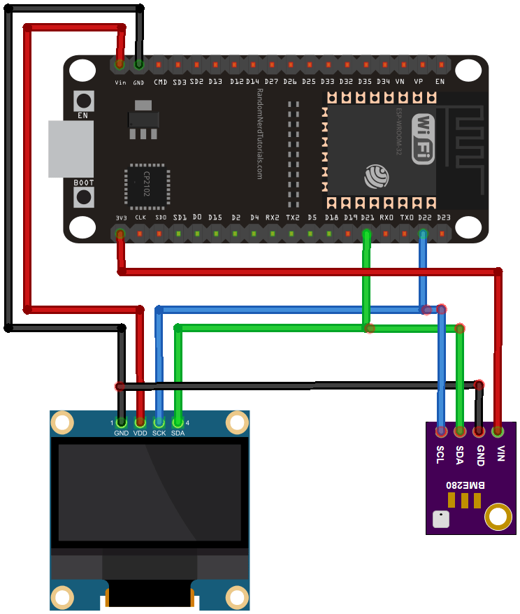 Micropython: ESP32 ESP-Now Communication bidirectionnelle 14 Diagramme schématique de câblage ESP32 au capteur BME280 et à l'affichage OLED