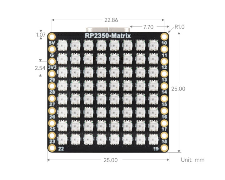 Dimensions de la matrice RP2350 WAVESHARE Dimensions de la matrice RP2350 WAVESHARE